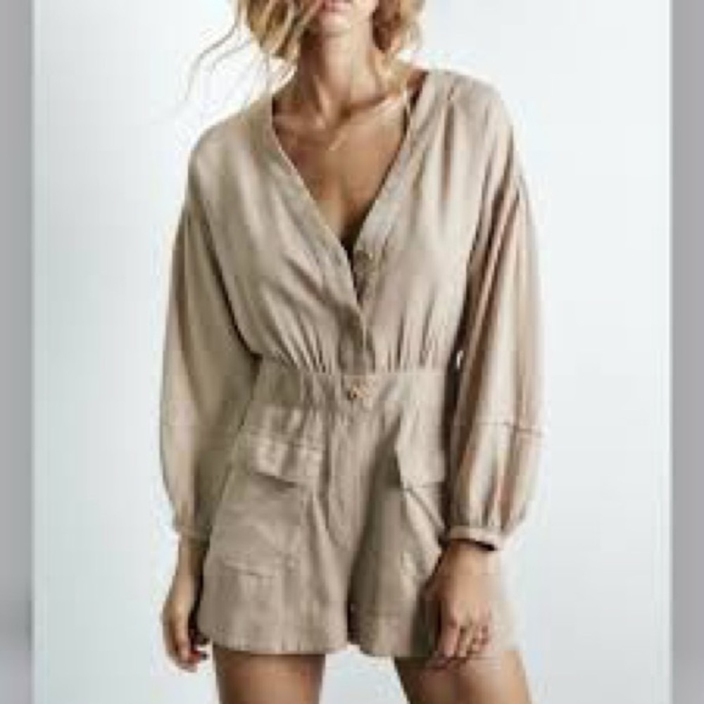 Zara Neutral Beige V-Neck Utility Romper